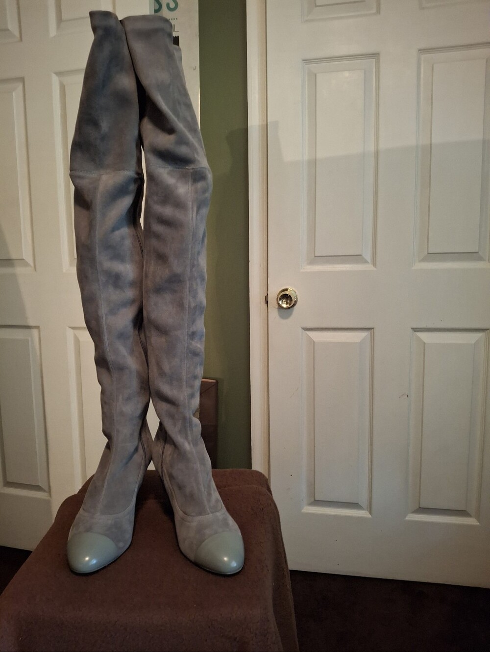 CHANEL Light Gray Suede Over-the-Knee Boots with Patent Toe Comes With Box.
